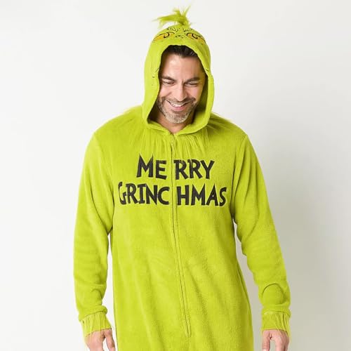 The Grinch Union Suit Men's Merry Grinchmas Zip Up Plush Hooded One Piece Loungewear3