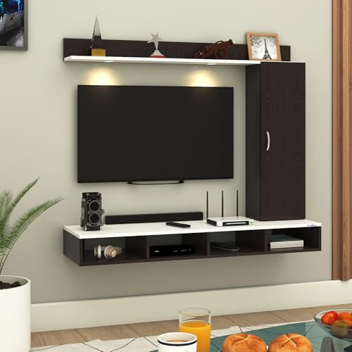 Image of Anikaa Dorex Engineered Wood Wall Mounted TV Unit with LED Lights, Storage Cabinet & Display Shelf for Living Room | Ideal for Upto 43 Inch TV- Wenge /White(DIY Installation)