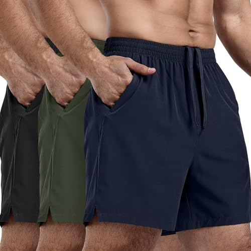 FIONECA 3 Pack Men's Athletic Running Shorts 5 Inch,Quick Dry Gym Workout Shorts with Zip Pockets
