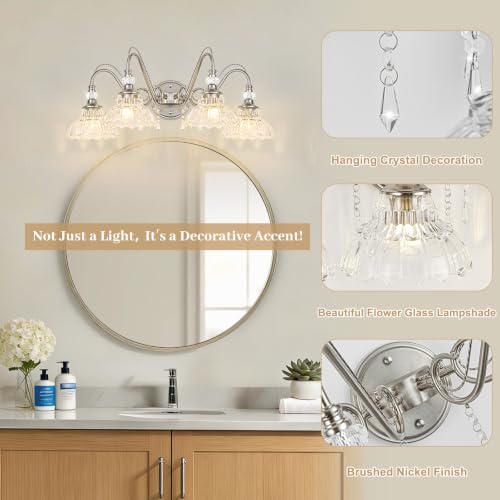 Image of Brushed Nickel Bathroom Vanity Light, 4-Light Nickel Finish Wall Sconce with Hanging Crystal Accents and Flower-Shaped Clear Glass Shades, Modern Wall Mount Vanity Light Over Mirror for Bathroom