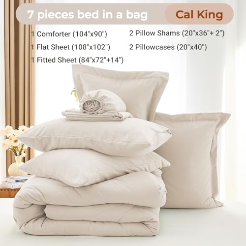 MUXHOMO 7 Pieces California King Comforter Set, Soft Bed in a Bag Cal King Size, All Season Bedding Set with Comforter, Flat Sheet, Fitted Sheet, Pillowcases & Shams, Beige