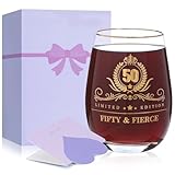 50th Birthday Gifts for Her - Gold Accent Stemless Wine Glass with Premium Gift Box and Blank Card, Unique 50th Birthday Gifts for Women, Wife, Mom, Grandmother (Fifty & Fierce)