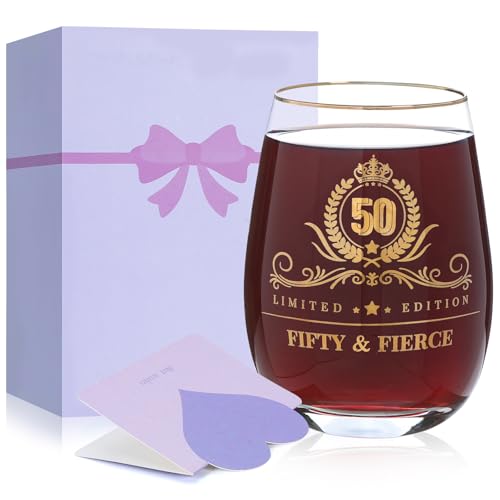 50th Birthday Gifts for Her - Gold Accent Stemless Wine Glass with Premium Gift Box and Blank Card, Unique 50th Birthday Gifts for Women, Wife, Mom, Grandmother (Fifty & Fierce)