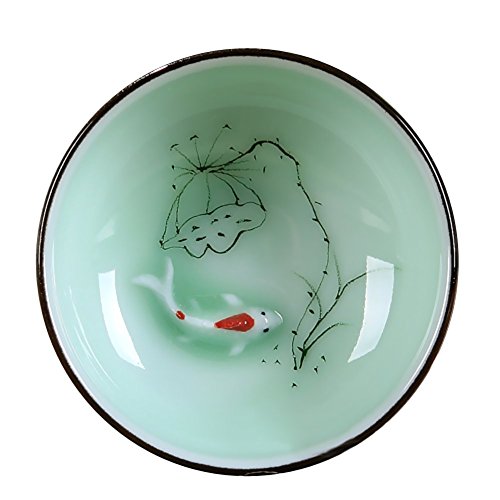 Delifur Porcelain Chinese Long-Quan Celadon Teacup,Kungfu Teacup, Fishes And Lotus Pattern,Set Of 5 #TOP4