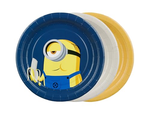 Minions - Lot de 6 assiettes en carton - 18 cm - Assiettes jetables - Sans plastique - Pour anniversaire d'enfant - Décoration de fête - Jaune, bleu et blanc