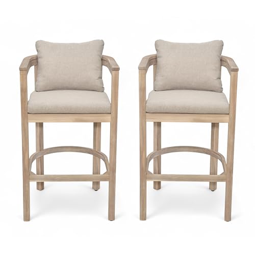 Christopher Knight Home Kuart Acacia Wood Outdoor Bar Stool Set of 2 with Cushion, Patio Armchair Set for Bar Table, Wooden Counter Height Patio Bar Stool with Footrest, Natural Washed+Beige by Christopher Knight Home - Image 3