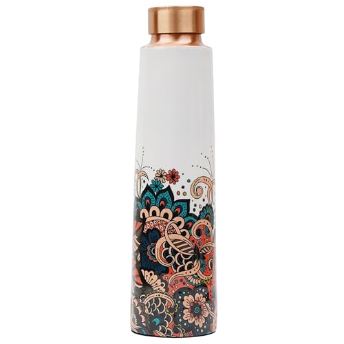 Image of 100% Pure Copper Floral Print Designer Water Bottle with Ayurvedic Benefits Rustproof & Leakproof Copper Bottle for Home School Gym Travel Bottle Drinkware & Storage Purpose 900 ml