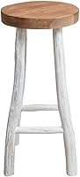 Vista 3 de Taburete de bar de madera maciza de teca, hecho a mano, marrón y blanco, 29.9 pulgadas de altura, diseño rústico, taburete de madera para cocina
