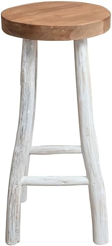 Miniatura 3 de Taburete de bar de madera maciza de teca, hecho a mano, marrón y blanco, 29.9 pulgadas de altura, diseño rústico, taburete de madera para cocina