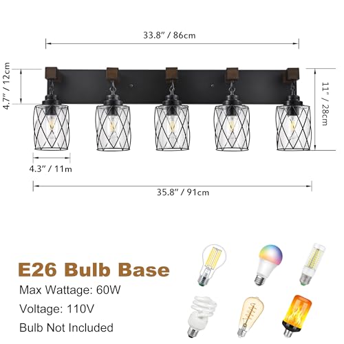 Image of Bathroom Light Fixtures, Farmhouse Wood & Black Metal with Glass Shade | 5 Light Rustic Vanity Lights, Mounted Over Mirror For Bathroom, Bedroom and Hallway, Easy To Install
