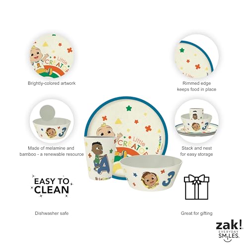Image of Zak Designs CoComelon Kids Dinnerware Set 3 Pieces, Durable and Sustainable Melamine Bamboo Plate, Bowl, and Tumbler are Perfect For Dinner Time With Family (JJ, Cody, Nina)