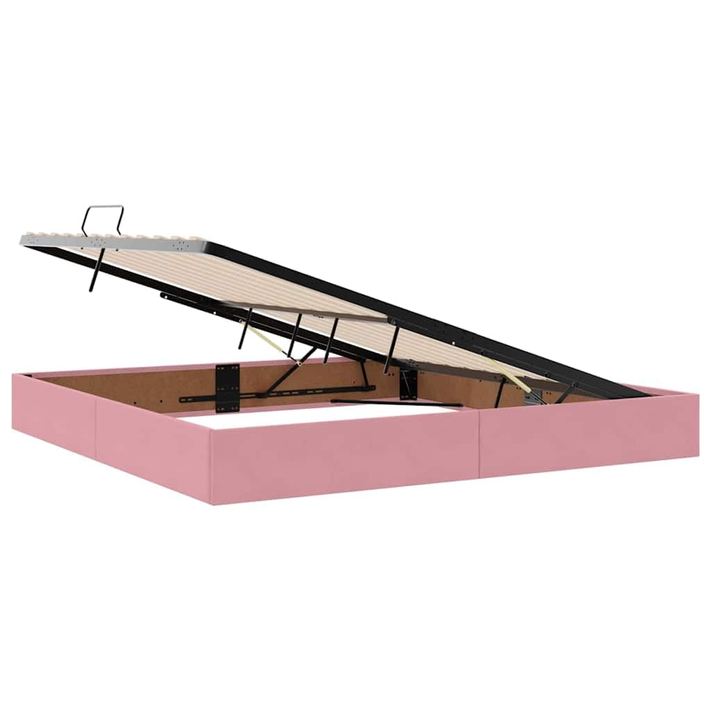 Cama de almacenamiento con colchón de terciopelo rosa de 200 x 200 cm, cama doble de metal con somier de láminas y tiras LED, espacio de almacenamiento y cabecero para dormitorio, cómodo