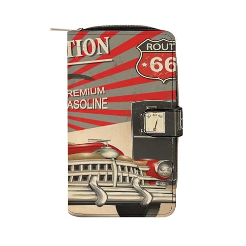 Women Soft PU Leather Wallet, Zipper Card Case Clutch Credit Bills Money Crash Coin 7.8x4.3x1.4 in Holder Purse Print Gas Station Retro Poster Route 66 Car in Red Style