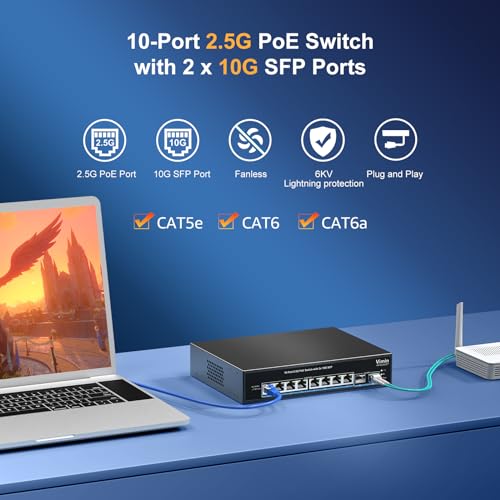 Image of VIMIN 10-Port 2.5G PoE Switch Unmanaged, 8X 2.5G Base-T PoE Ports, 2X 10Gbps SFP, 8 Port PoE Switch w / 60Gbps Ethernet Switching Capacity, Support IEEE802.3af /at, 65W, VLAN, Metal Housing, Fanless