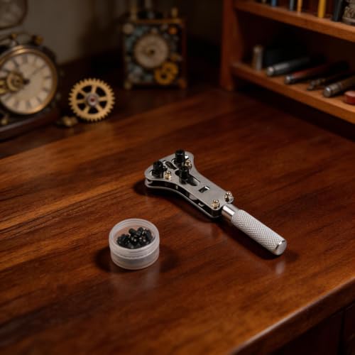 CYRENT Outil professionnel de retrait de dos de montre réglable à trois griffes pour boîtiers de 32 mm – Clé en métal argenté avec boîte de rangement