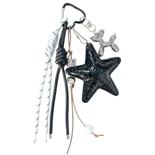 Ypkia Llavero de estrella Y2k con cuerda tejida de piel sintética con hebilla de corazón para colgante de bolso mujer niña, Negro , L