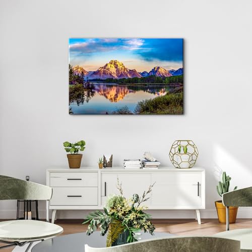 Image of Nature Forest Canvas Wall Art Rustic Snow Mountain Wall Pictures for Bathroom Decor Orange Sunset National Park Panoramic Paintings Prints Yosemite Lake Landscape Artwork Modern Home Decoration 24x36 inch