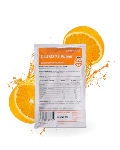 Medicalfox GLUKO 75 Glukose-Monohydrat Fertigpulver Orange 82,5 g- Traubenzucker trägt zur normalen Energiegewinnung im Stoffechsel bei, Ideal für Sport, Fitness & oGTT