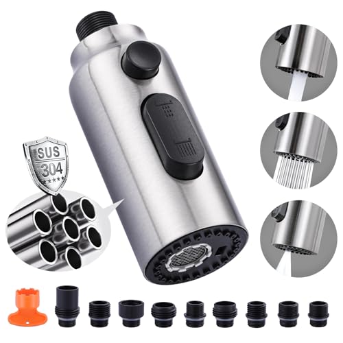 [New Upgrade] iVIGA Pull Down Faucet Sprayer Head Replacement, Stainless Steel Brushed Nickel 3 Function Pull Out Spray Nozzle with 9 Adapters for Moen Kohler Delta G1/2 Male Connector Fauce