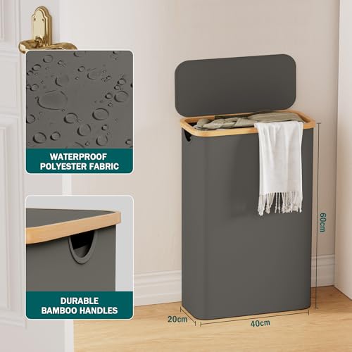 YOUDENOVA Cesta para la ropa sucia con tapa, 48 L, estrecha, con bolsa de lavandería, plegable, clasificador de ropa sucia, de madera de bambú, cestas altas para la colada, color gris oscuro - imagen 4