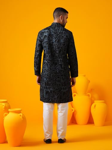 Image of SOJANYA (Since 1958 Men's Cotton Silk Kantha Thread Embroidered Kurta with White Pyjama