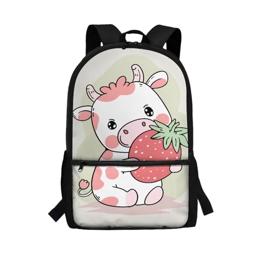 Dreaweet Strawberry Cow Backpack for School Girls 3rd Grade Cute Bookbag for Girls 10-12 Years Old Kids Book Bag Elementary School Bag with Water Bottle Holder,Kawaii