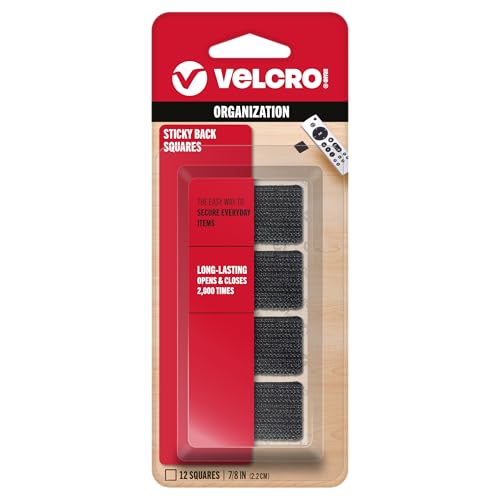 VELCRO Brand Sticky Back Hook and Loop Fasteners Perfect for Home or Office. 7/8in Squares, Pack of 12, Black