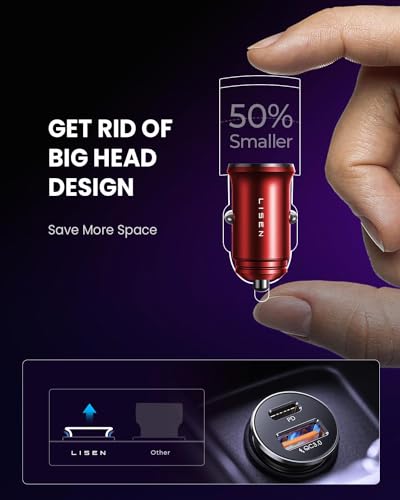 Image of LISEN 2-Pack USB C Car Charger Adapter Fast Charge, 48W All Metal Cigarette Lighter USB Charger for iPhone 15 Smallest Flush Car Charger USB C for iPhone 14 Pro Max 13 12 Galaxy S23 /22 iPad Pro-Red | Cigarette Lighter USB Charger, Car Accessories for Men Women Father, All Metal USB Car Charger, 2-Pack, Red