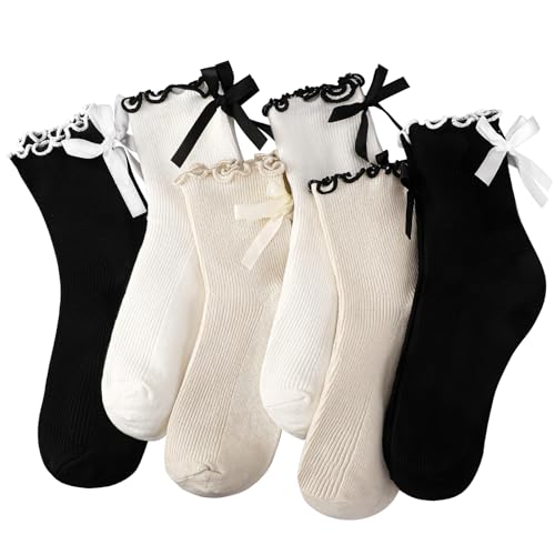 6 Pairs Womens Bow Socks Ruffle Casual Crew Socks Cute Black White Soft Breathable Cotton Frilly Ankle Socks