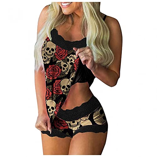 Halloween Pajama Shorts for Women 2 Piece Skull Cobweb Nightgown Cami Pjs Set Sleepwear Sleeveless Cami Shorts Nightwear Black