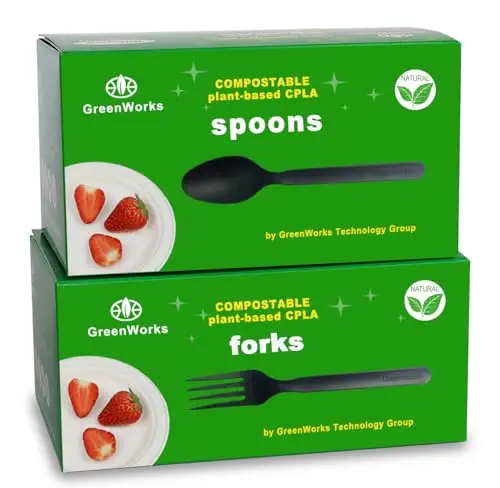 GreenWorks 200 Count Heavy-duty Compostable 100 Forks and 100 Spoons, BPI Certified,Large Cutlery Set,Alternative to Plastic Utensils