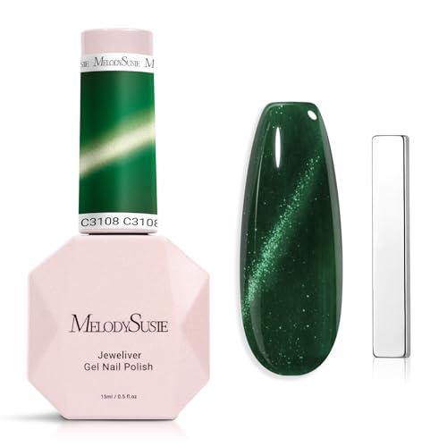 Image of MelodySusie Jeweliver Cat Eye Gel Nail Polish, 0.5 Fl Oz Dark Green Glitter Holographic Magnetic Nail Polish with Magnet, UV Nail Polish for Nail Art Manicure Salon DIY at Home C3108