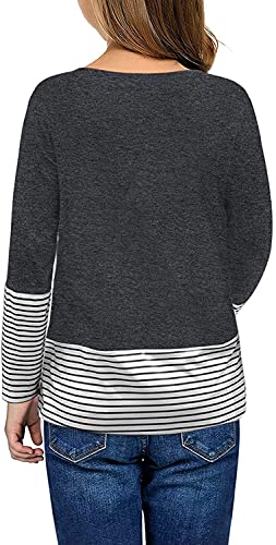 Image of Girls Casual Long Sleeve Color Block Pullover Top Stripe Button Crewneck Loose Tunic T-Shirts Blouse Size 4-13 Year