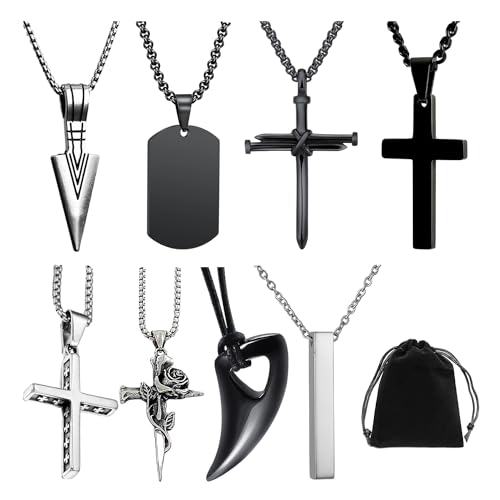 NyxSeat 8 collares para hombre, 1 bolsa de terciopelo, juego de collar, collar de cruz, collar para hombre, collar de diente de lobo, Acero inoxidable