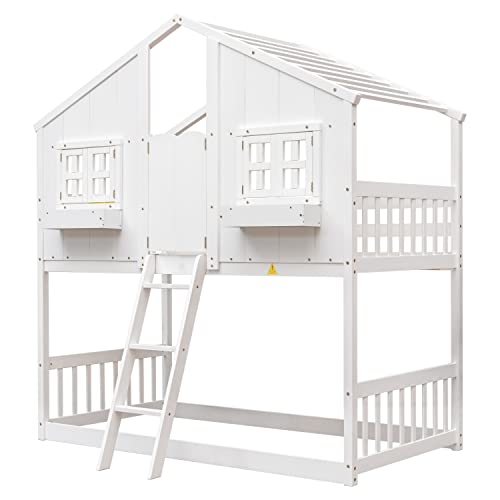 BOVZA Twin Over Twin House Bunk Beds with Roof and Window Door, Window Box, Ladder, Wood Playhouse Bunk Bed for Kids Girls Boys Teens, White - Thumbnail 7