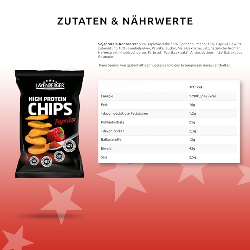 Layenberger High Protein Chips - viel Eiweiß, wenig Zucker, nicht frittiert, Single Pack (1x 75 g) - Paprika