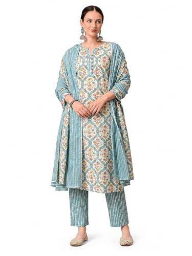 Image of Amazon Brand - Tavasya Womens Floral Printed Regular Pure Cotton Kurta with Trousers & Dupatta | Kurta Set | Salwar Suit | Ethnic Wear
