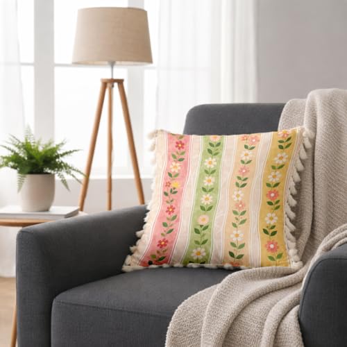 Image of STITCHNEST 'Little Meadow Series' Tassled Cushion Cover | Set of 2 | Floral Cushion Cover 16 inch x 16 inch