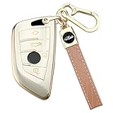 Joouheax Soft TPU for BMW Key Fob Cover with Leather Keychain for X1 X3 X4 X5 X6 X7 M5 M6 1 2 3 4 5 6 7 Series GT3 GT5 GT6 Key Case Accessories, Gold
