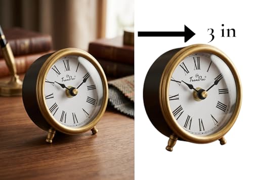 Image of 3 inch Analog Table Clock, Round, Gold and Black Powder Coat Finish, Iron.