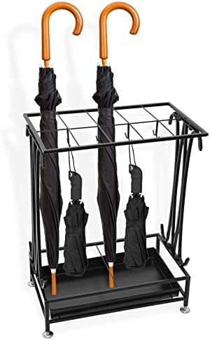 BQKOZFIN Modern Large Umbrella Holder, Metal 10 Holes Rectangle Style Umbrella Stand with 8 Hooks and a Bottom Rainwater Leaking Tray, Walking Sticks Umbrellas Storage(Black)
