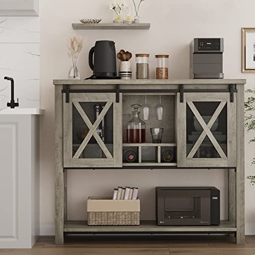 Amyove Gabinete de almacenamiento de buffet, mesa de bar de vino con estante para copas de vino, bufés y aparadores de madera de granja con almacenamiento y puerta de malla de granero para cocina,