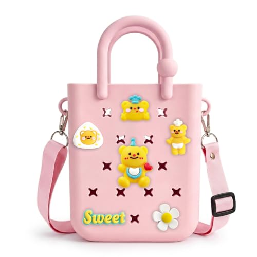 Image of Juyeesm Mini Rubber Beach Bag with Strap & Charms, Waterproof EVA Beach Bag for Girls, Small Rubber Tote Bag for Women