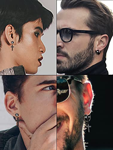 Ofeiyaa 15 Pairs Cross Earrings Stainless Steel Spike Punk Hoop Huggie Cz Earrings Stud Hinged Dangle Cross Earrings Set Piercing For Men Sliver Black Gold Tone #TOP3