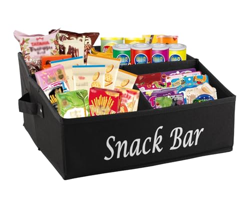 Xbopetda Snack Organizer for Countertop, Fabric Snack Basket with Handles, 4 Compartment Snack Box Container Snack Holder, Snack Bar Station Decor, Kitchen Cabinet Pantry Organizer and Storage, Black