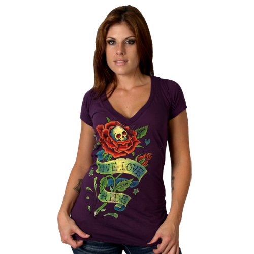 Hot Leathers Skull Roses Ladies Short Sleeve Tee (Plum, Small)