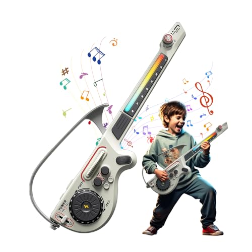 Smart Guitar for Kids, Stringless Electric Guitar Toy with Bluetooth, 4 Tones & 3 Music Styles, DJ Play Set with Colorful Lights Rechargeable, Musical Gift for Boys Girls Ages 3-12.(Gray)