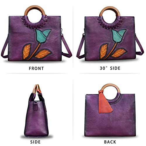 Genuine Leather Top Handle Handbag For Women Vintage Satchel Retro Cowhide Handmade Crossbody Bag Purse (Purple-Embossed) #TOP3