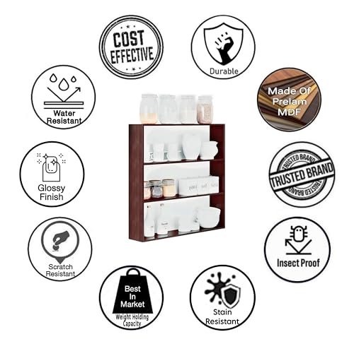 Image of Dime Store Wooden Kitchen Shelf Racks Wall Shelf Rack for Kitchen Storage Boxes Spice Jars Rack Wall Mounted (Standard, Brown)