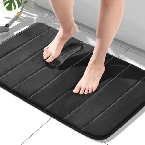 HITSLAM Memory Foam Bath Mat Non Slip, 50 x 80cm Absorbent Bathroom Mat, Machine Washable Bath Rug for Bathroom, Soft on Feet,Quick Dry, Black